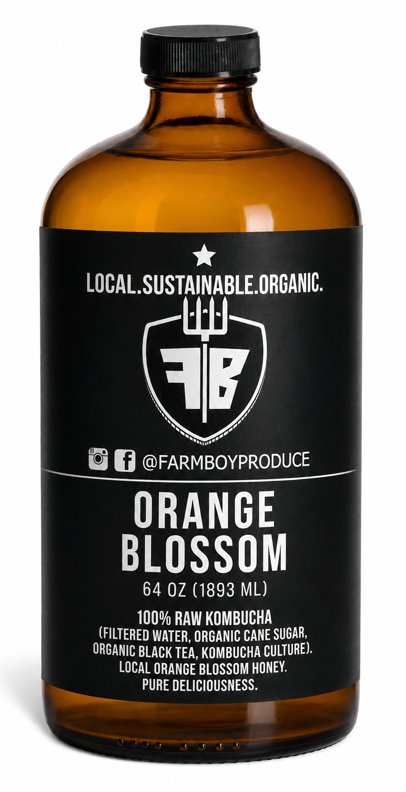 Farm Boy Produce Orange Blossom kombucha bottle, front label